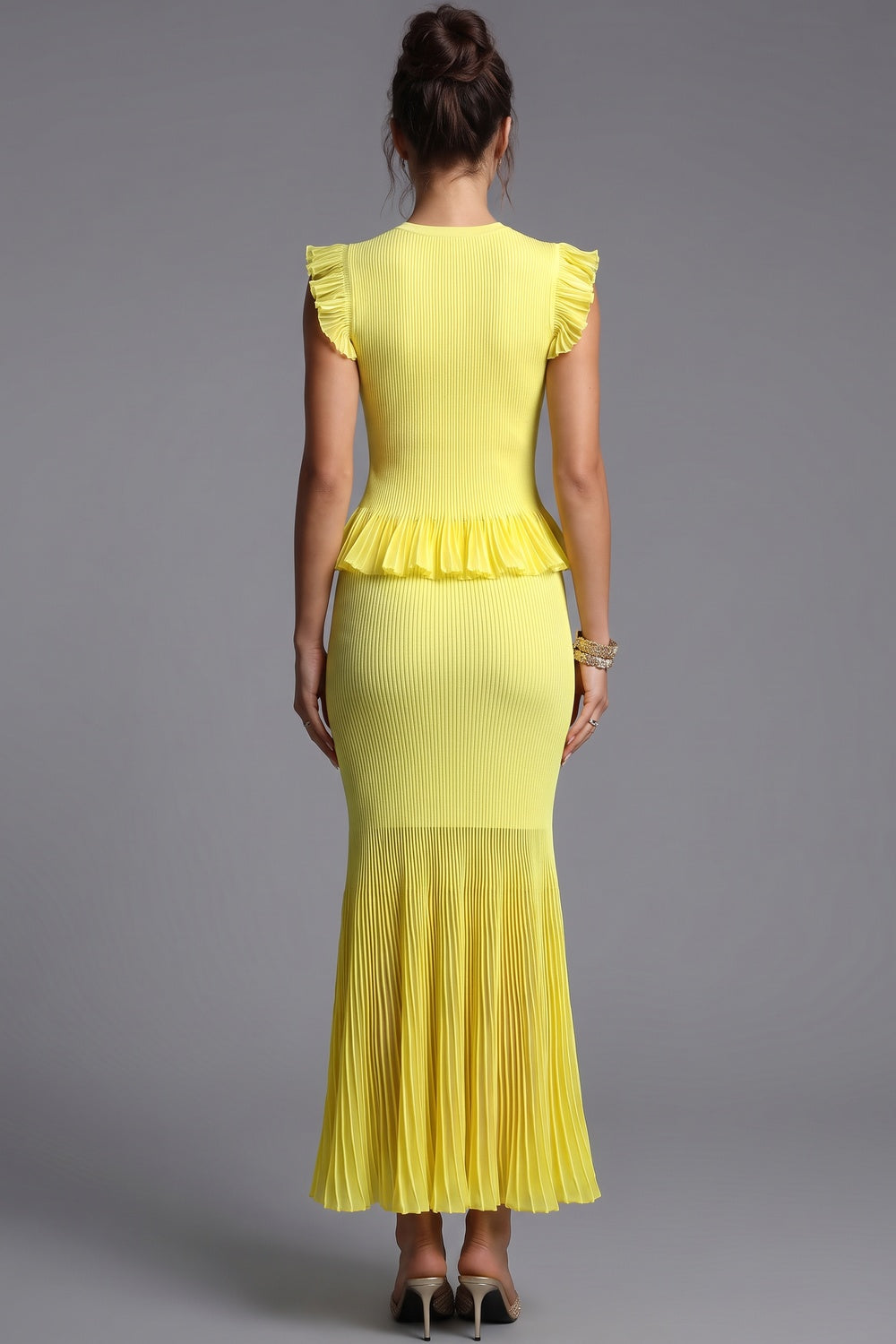 Lemon Yellow Ribbed Knit Mermaid Peplum Two-Piece Set lemon yellow ribbed knit two-piece set - product view 3