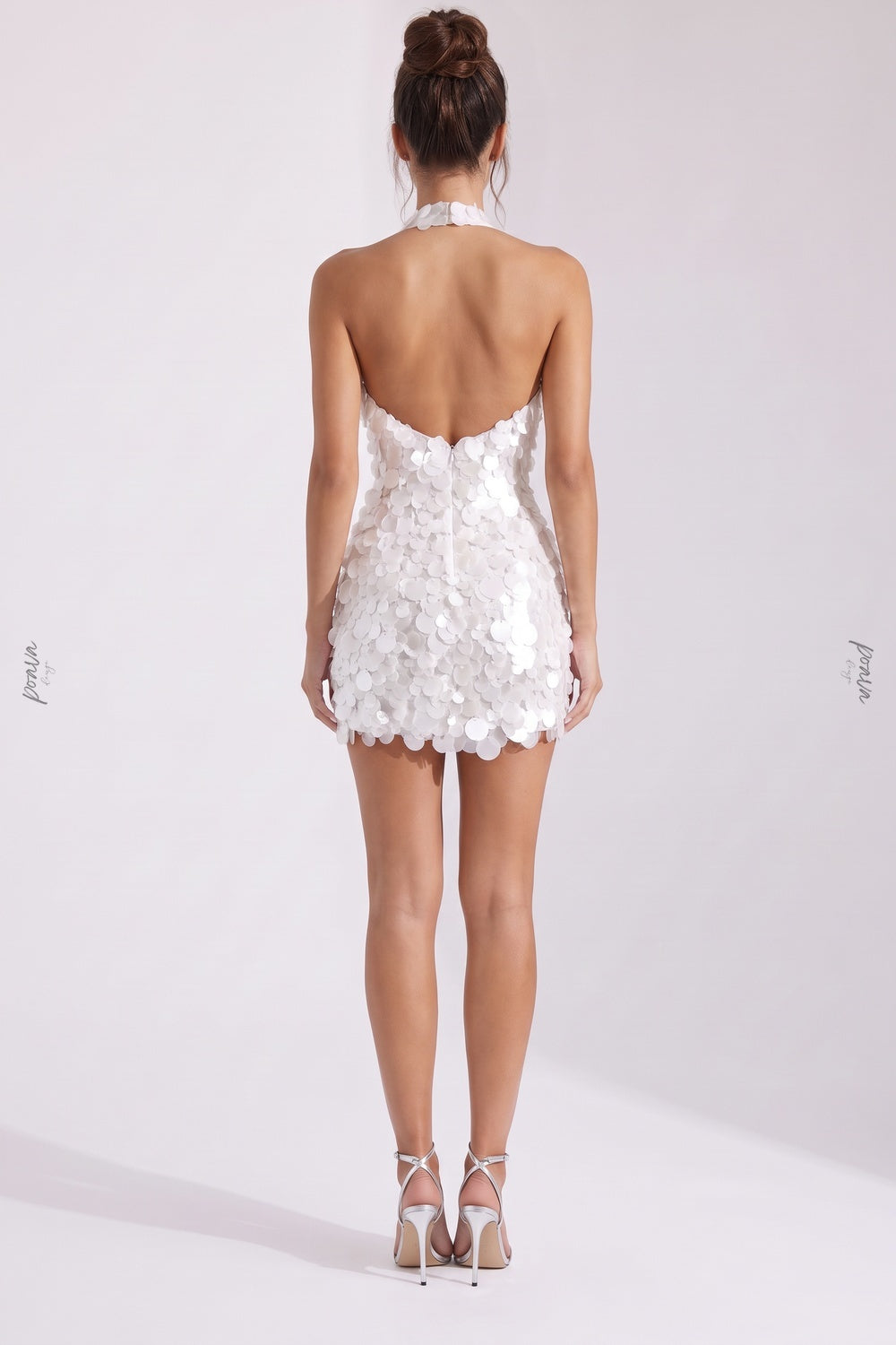 White Paillette Halter Mini Dress white, silver-white mesh base with paillettes mini dress - product view 3