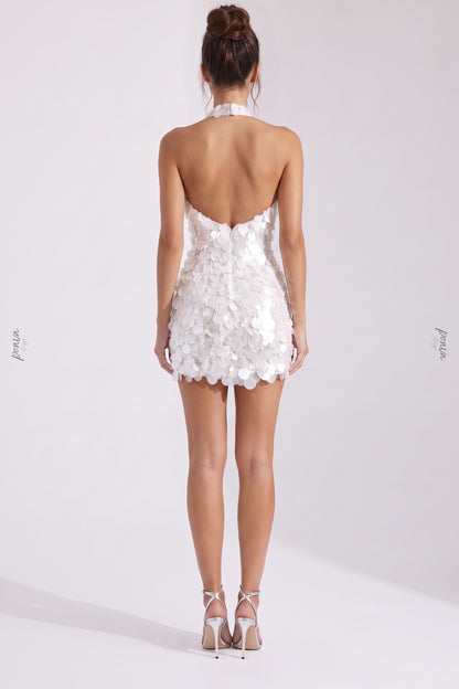 White Paillette Halter Mini Dress white, silver-white mesh base with paillettes mini dress - product view 3