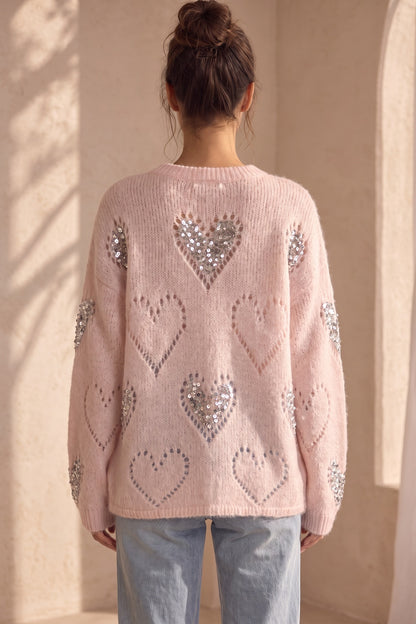 Pale Pink Fuzzy Mohair-Style Knit Oversized Sweater with Heart Motifs pale pink fuzzy mohair-style knit sweater - product view 3