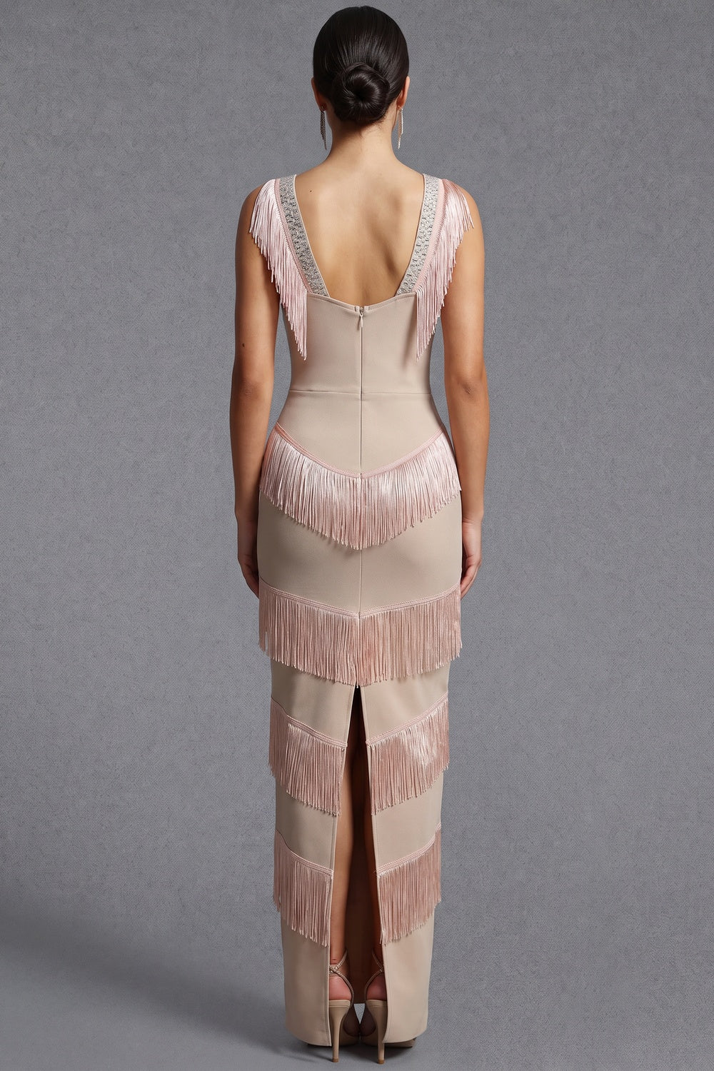 beige heavy stretch knit column evening gown beige heavy stretch knit evening gown - product view 3