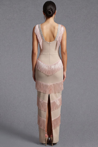 beige heavy stretch knit column evening gown beige heavy stretch knit evening gown - product view 3