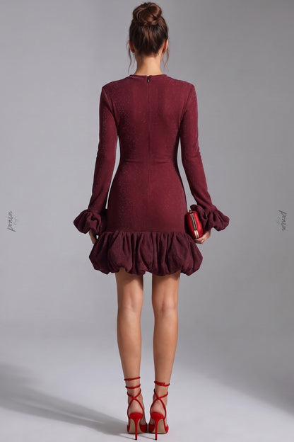 Burgundy Lurex Knit Fitted Bodycon Dress with Voluminous Bubble Hem burgundy lurex knit dress - product view 3