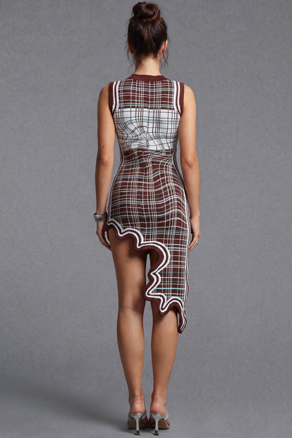 Chocolate Brown Jacquard Knit Bodycon Dress with Asymmetrical Hem chocolate brown, white jacquard knit dress - product view 3