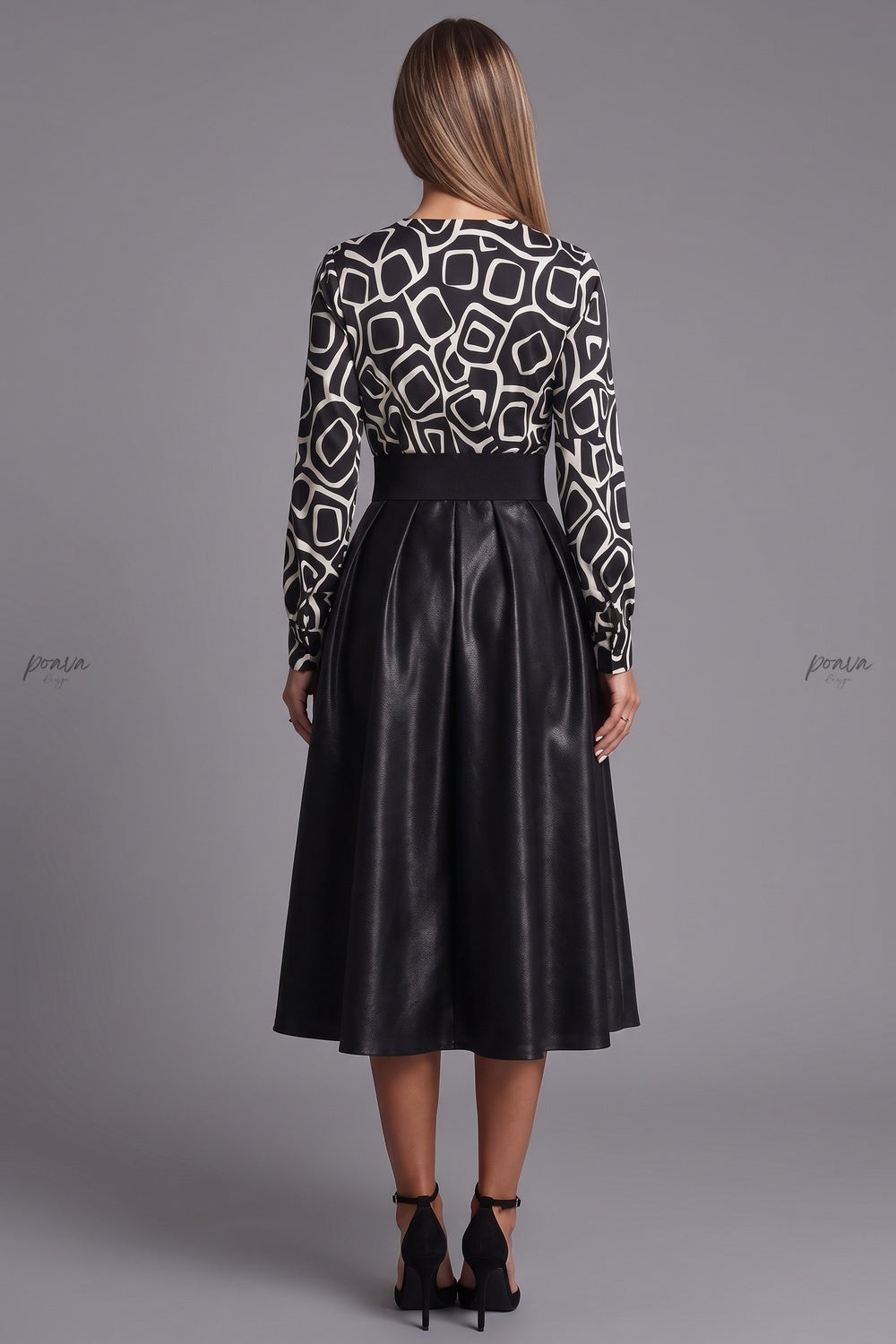Black Satin-Finish Woven Fabric A-Line Mock Two-Piece Midi Dress black, white satin-finish woven fabric mock two-piece midi dress - product view 3