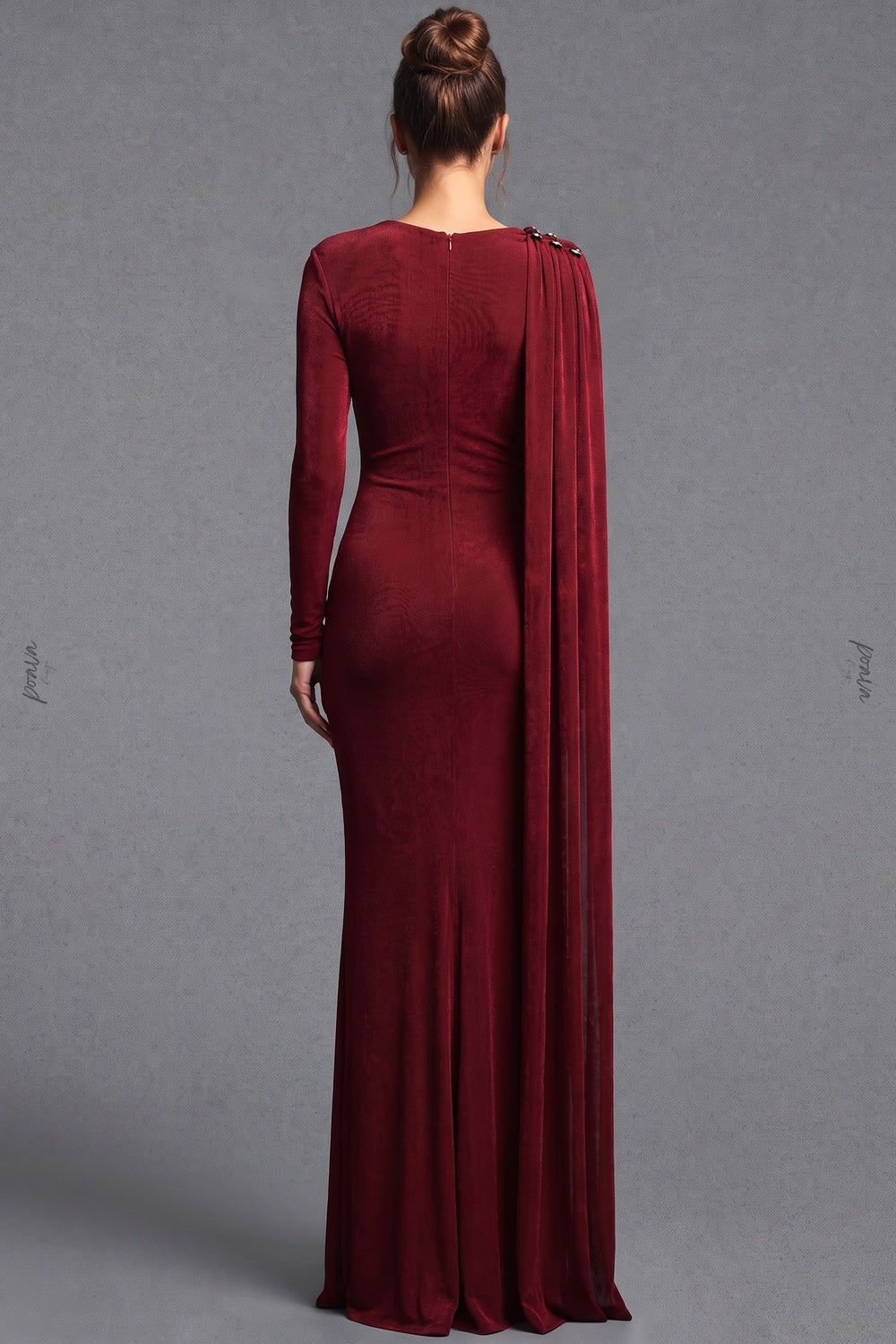 Burgundy Metallic Jersey Column Evening Gown burgundy metallic jersey evening gown - product view 3