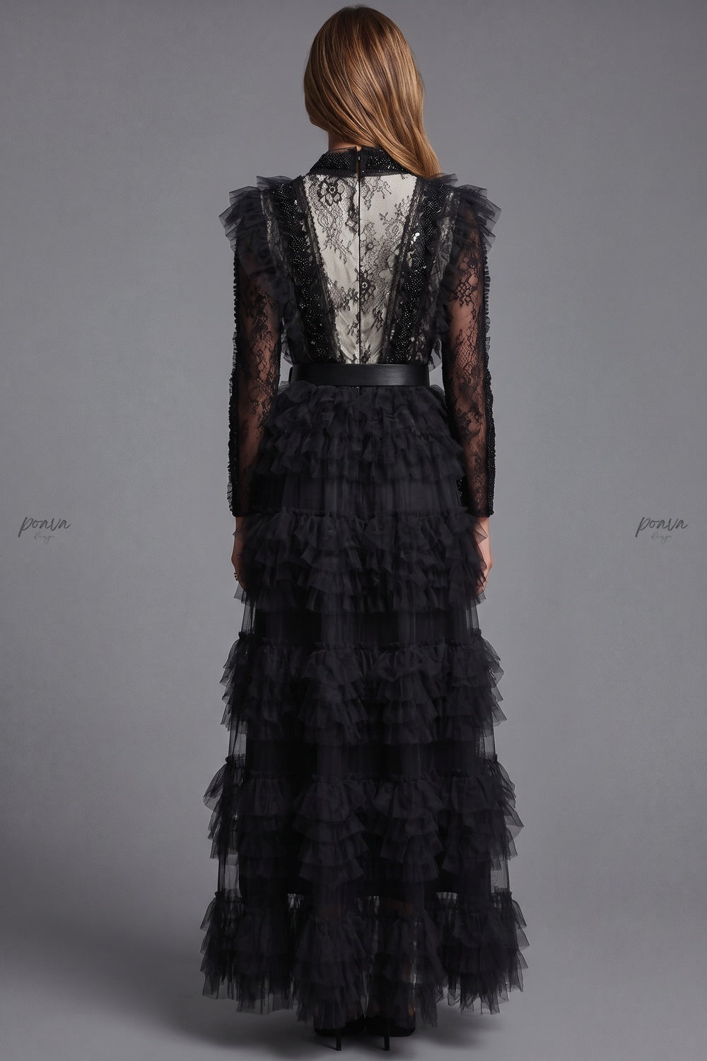 Black Tulle A-line Tiered Maxi Dress Black Tulle Maxi dress - product view 3