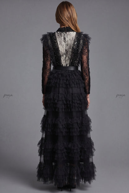Black Tulle A-line Tiered Maxi Dress Black Tulle Maxi dress - product view 3