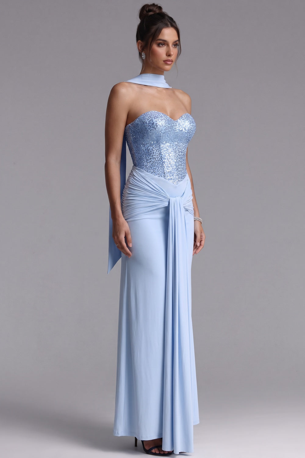 Light Blue Sequined Evening Gown with Draped Waist Premium Fabric - product view 2