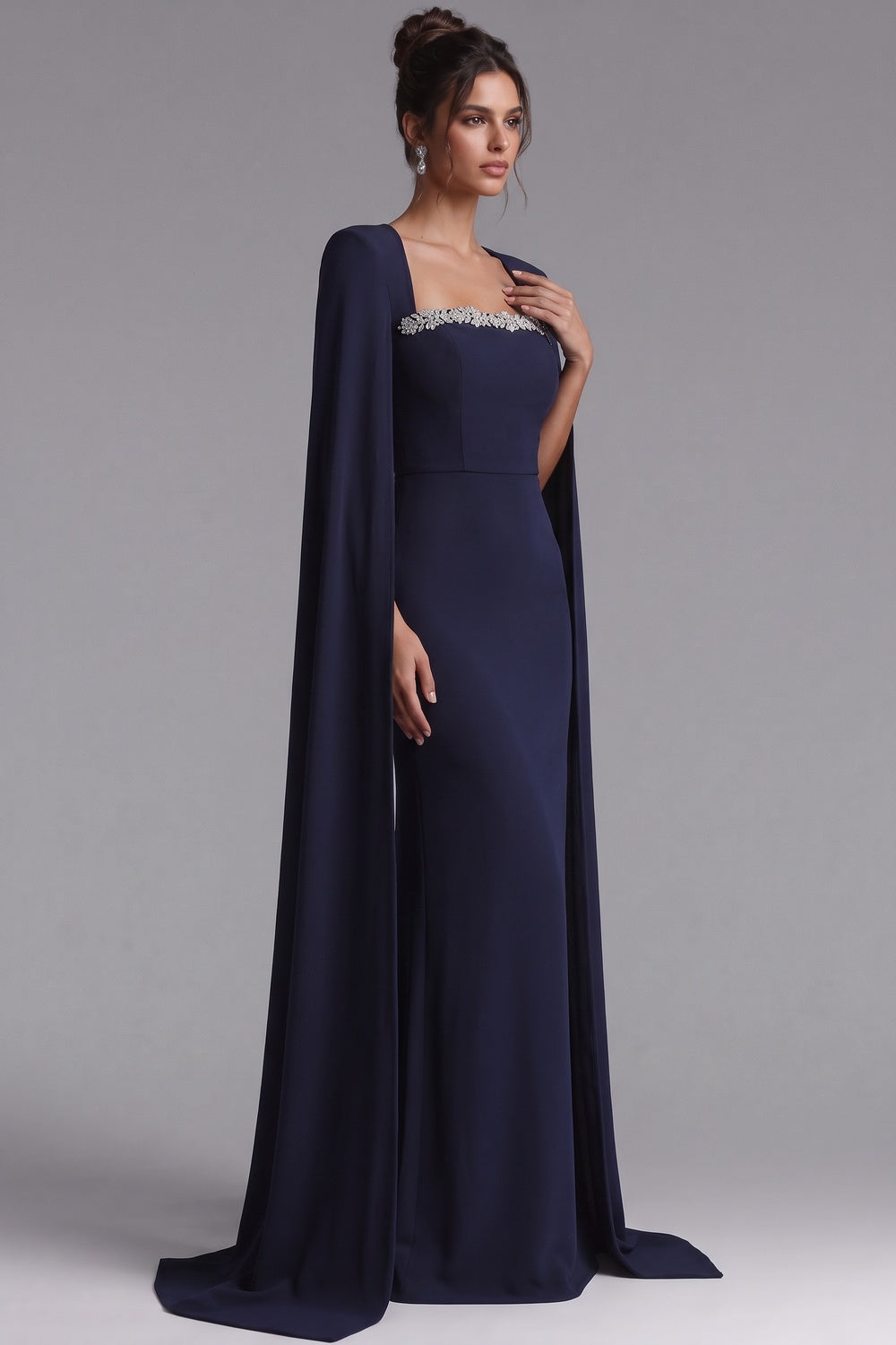 Navy Beaded Cape Sleeve Mermaid Evening Gown