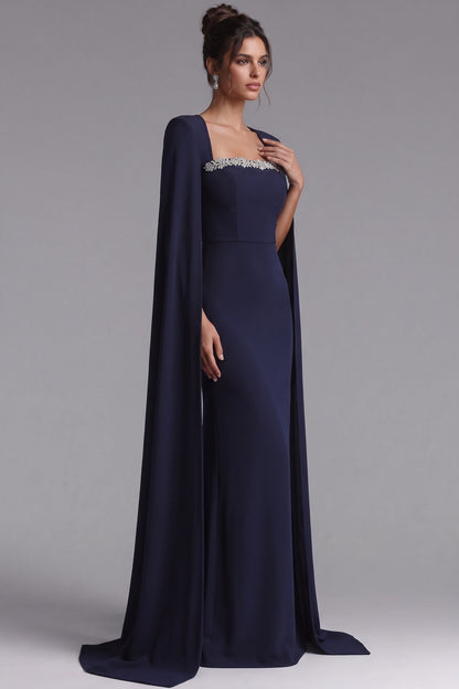 Navy Beaded Cape Sleeve Mermaid Evening Gown