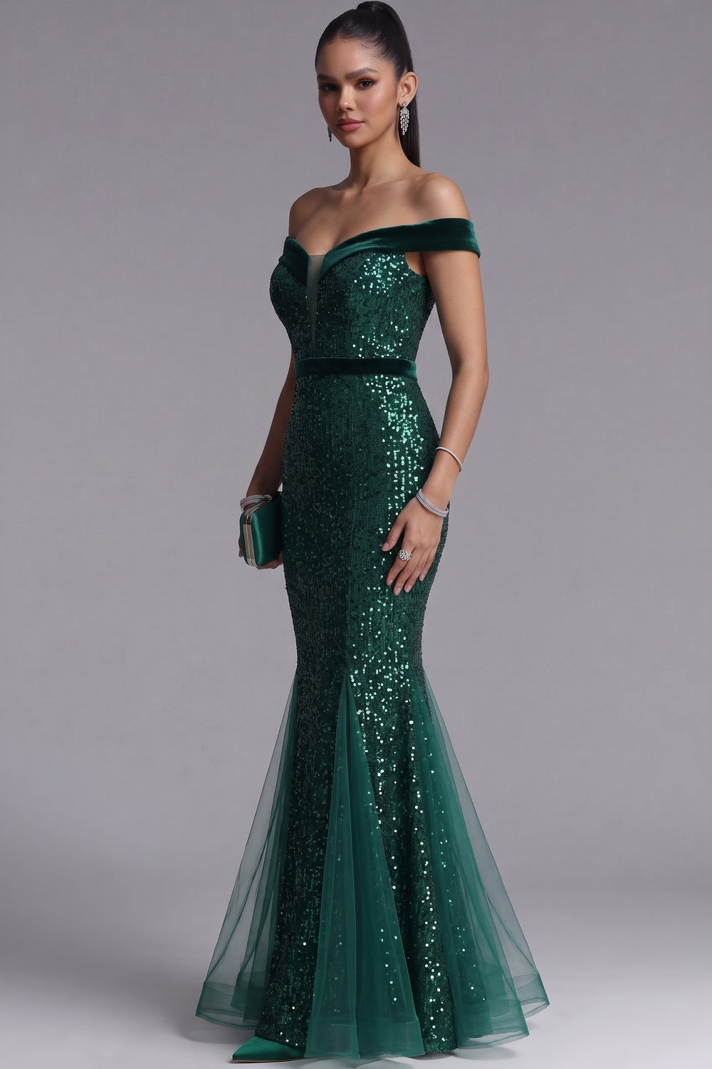 Emerald Green Off Shoulder Sequin Mermaid Evening Gown