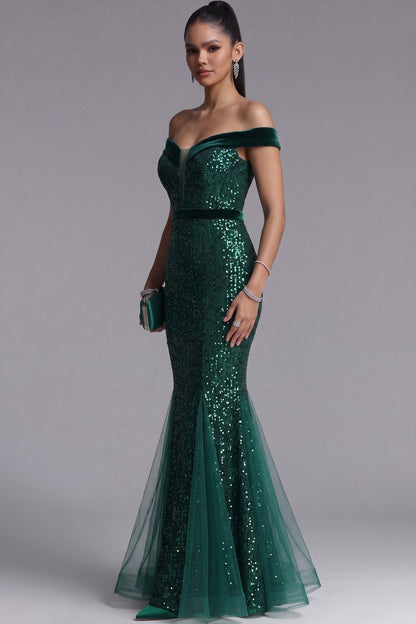 Emerald Green Off Shoulder Sequin Mermaid Evening Gown