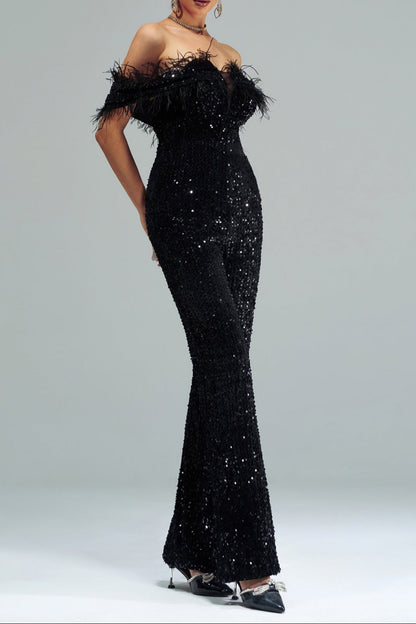 off-shoulder sequin jumpsuit in black