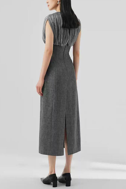 Mesh stitching sleeveless midi dress in grey