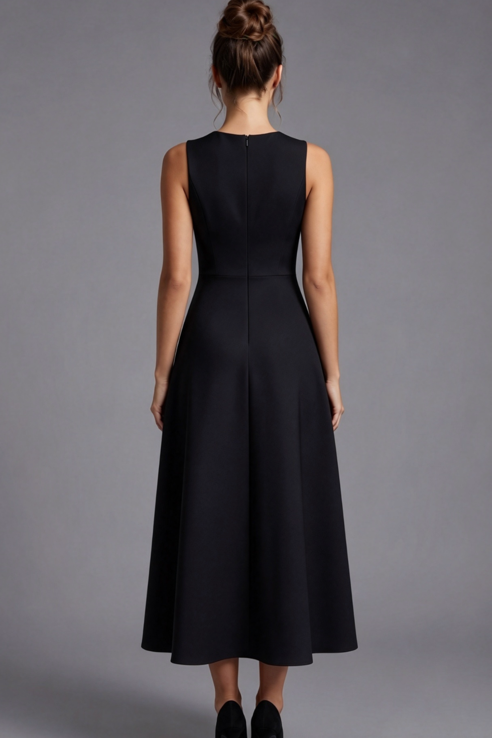 Black Structured Mid-Weight Woven A-Line Fit-and-Flare Midi Dress