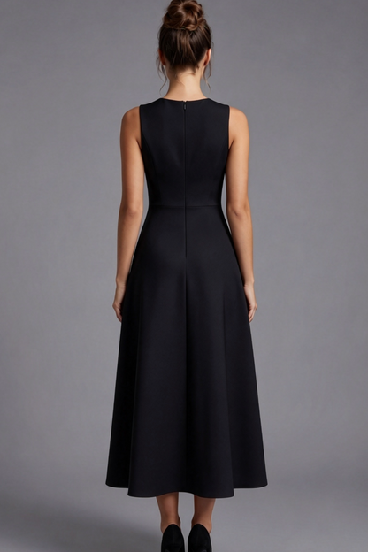 Black Structured Mid-Weight Woven A-Line Fit-and-Flare Midi Dress