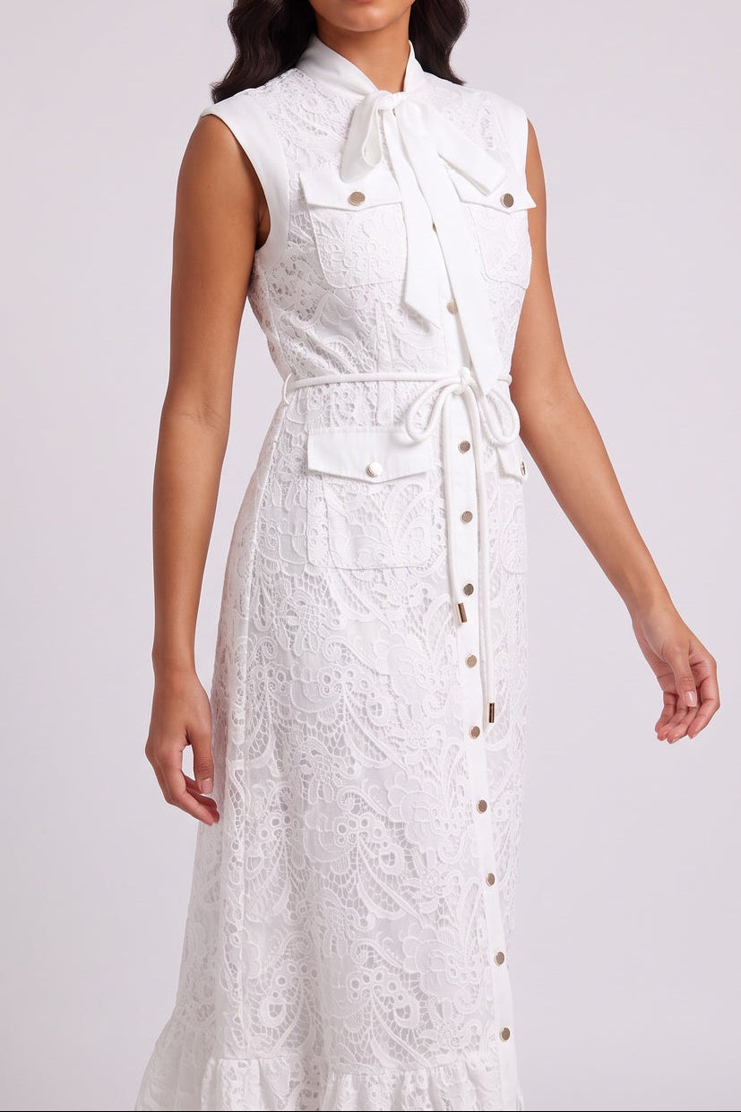 White Sleeveless Tie Neck Cargo Pocket Lace Midi Shirt Dress