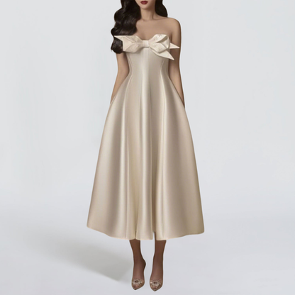 BEIGE FLARED SEMI-HEART NECK TAFFETA MIDI DRESS
