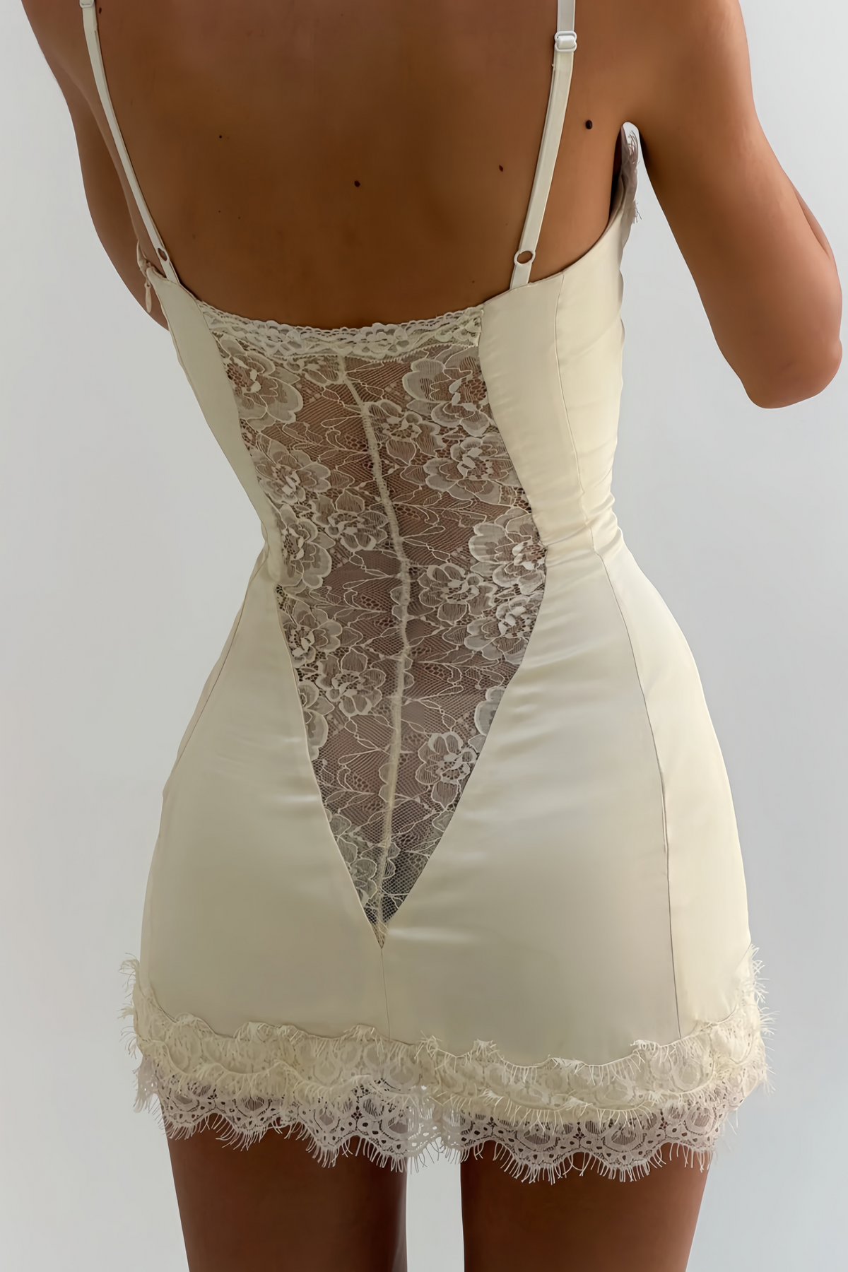 lorraine White Satin Mini Dress with Lace Panels