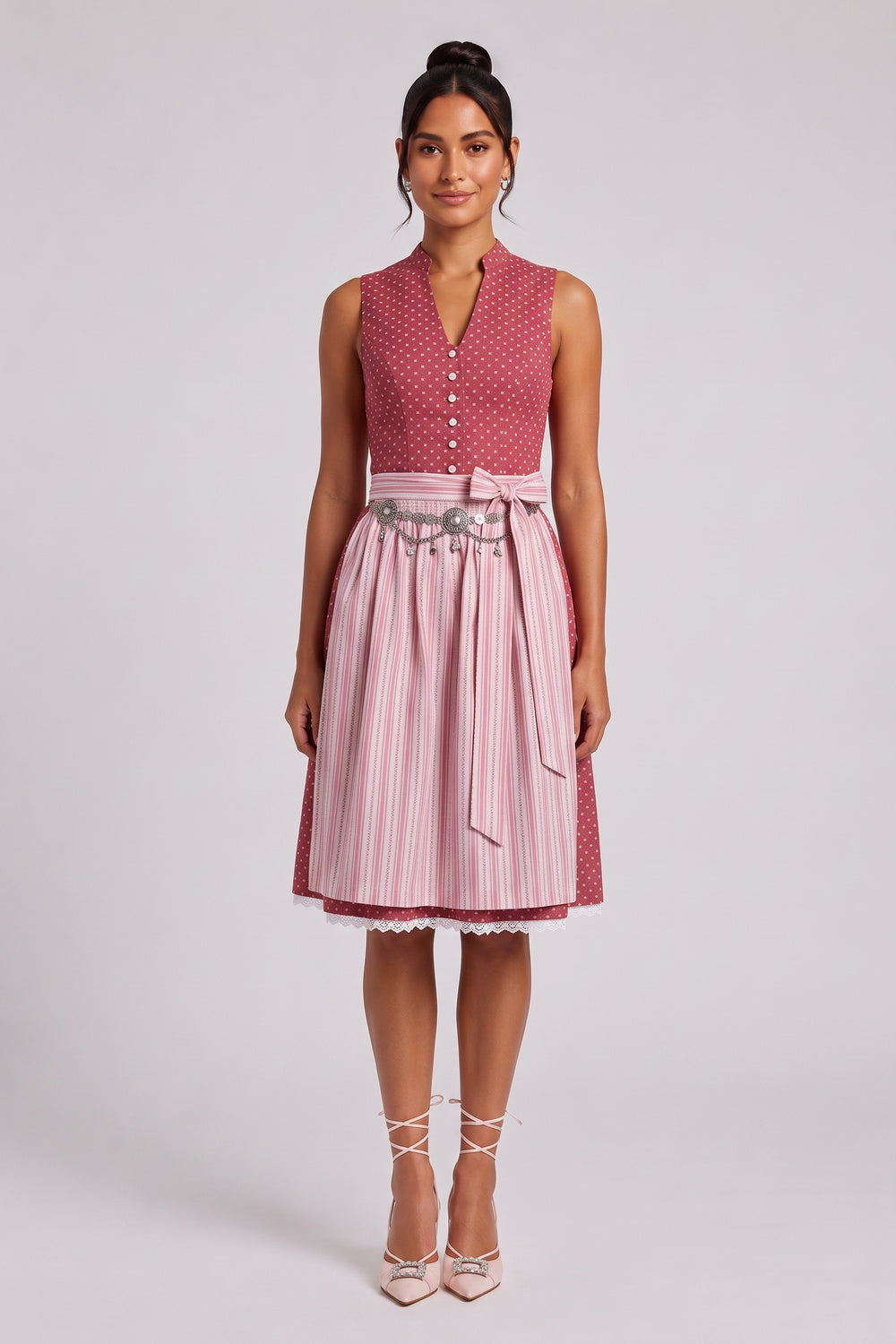 red cotton woven fit-and-flare dirndl dress red, white cotton woven dirndl dress - product view 1