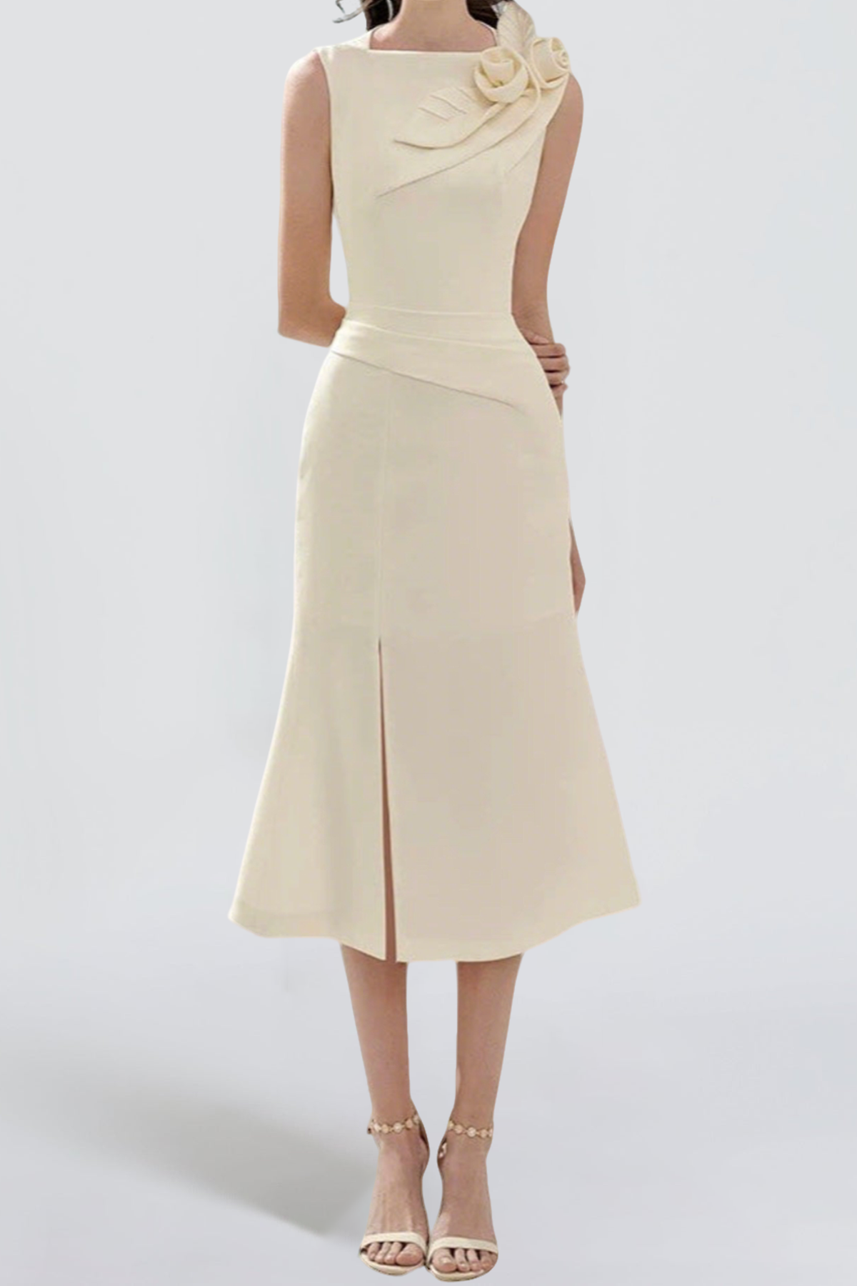 alani flower slim split midi dress in apricot