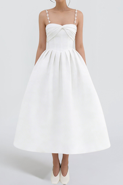 TWISTED PEARL STRAP MIDI DRESS IN WHITE