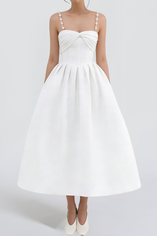TWISTED PEARL STRAP MIDI DRESS IN WHITE