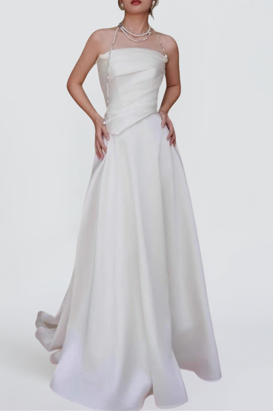 Lydia White French Satin Strapless maxi Train Welcome Gown