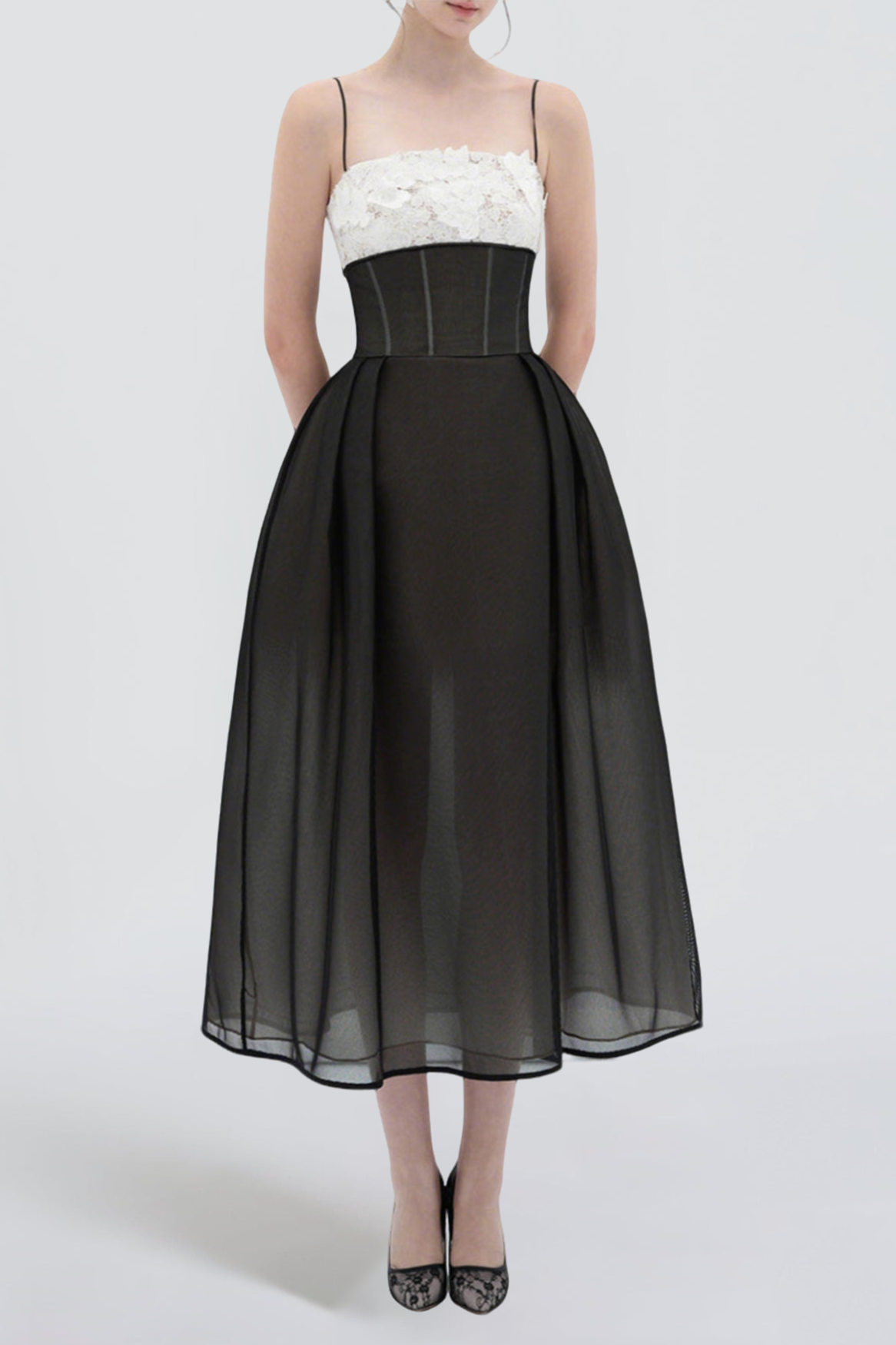 Vela A-line Corset Waist Mesh Midi Dress