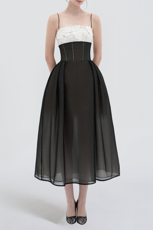 Vela A-line Corset Waist Mesh Midi Dress