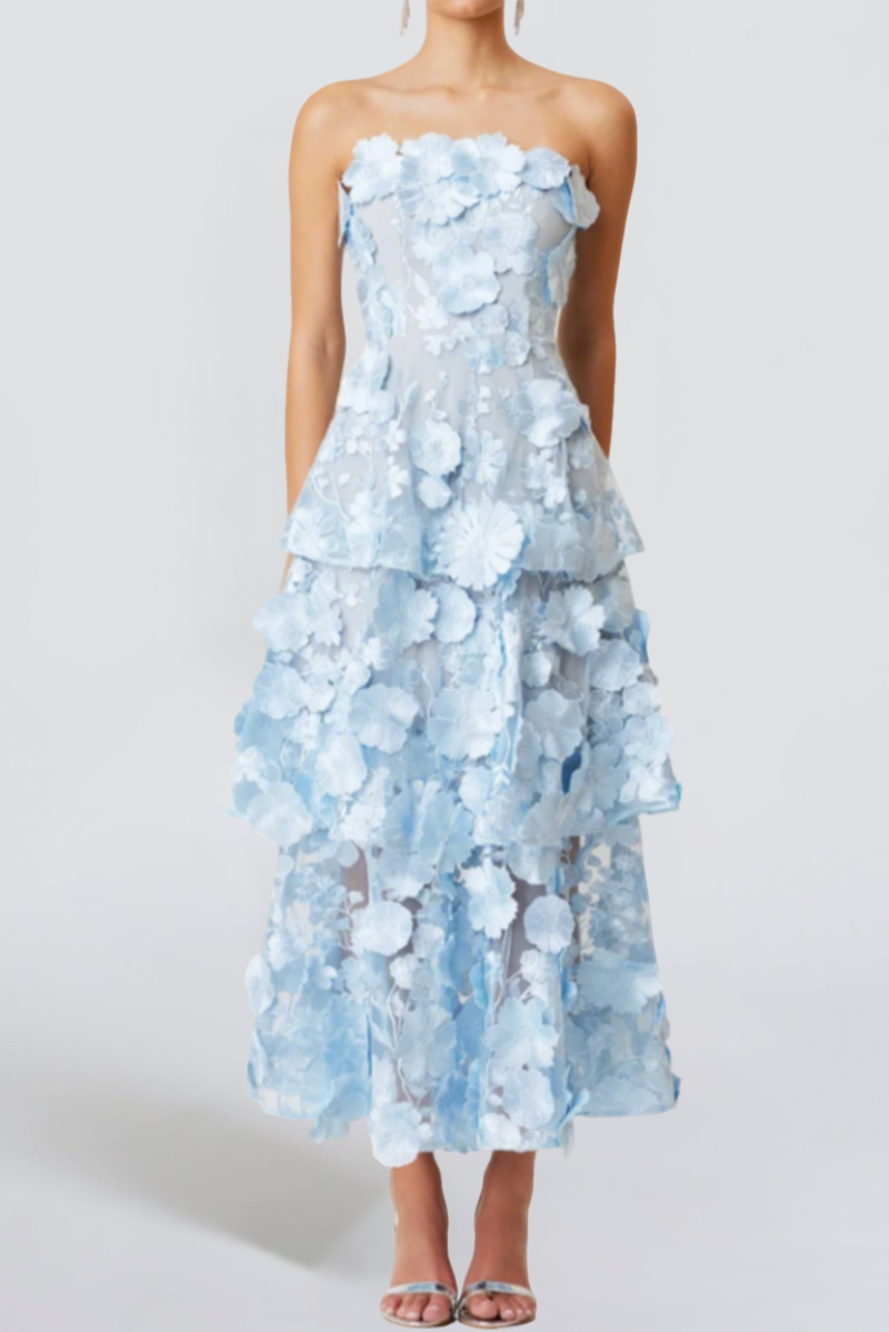 Selene 3D flower Tiered Maxi Dress In Blue
