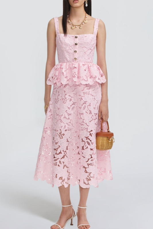Pink Lace Peplum Midi Dress
