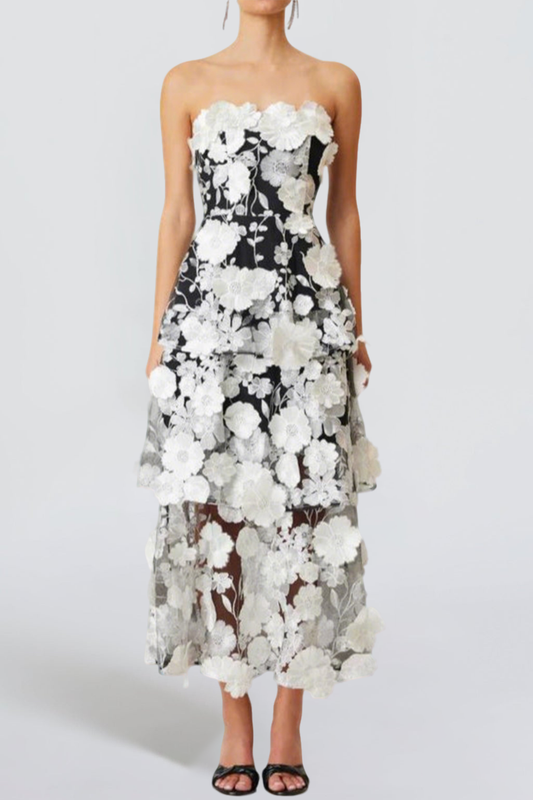 Selene 3D flower Tiered Maxi Dress In Black