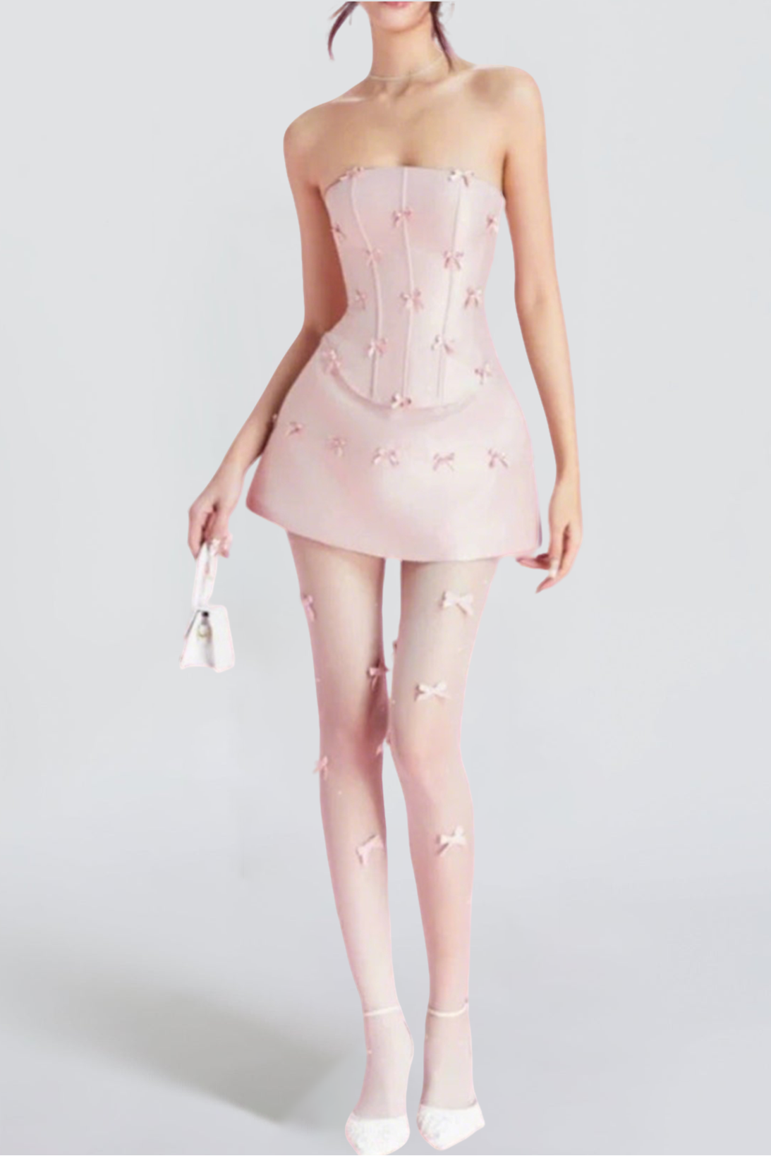 PINK BOW EMBELLISHED STRAPLESS MINI DRESS SET