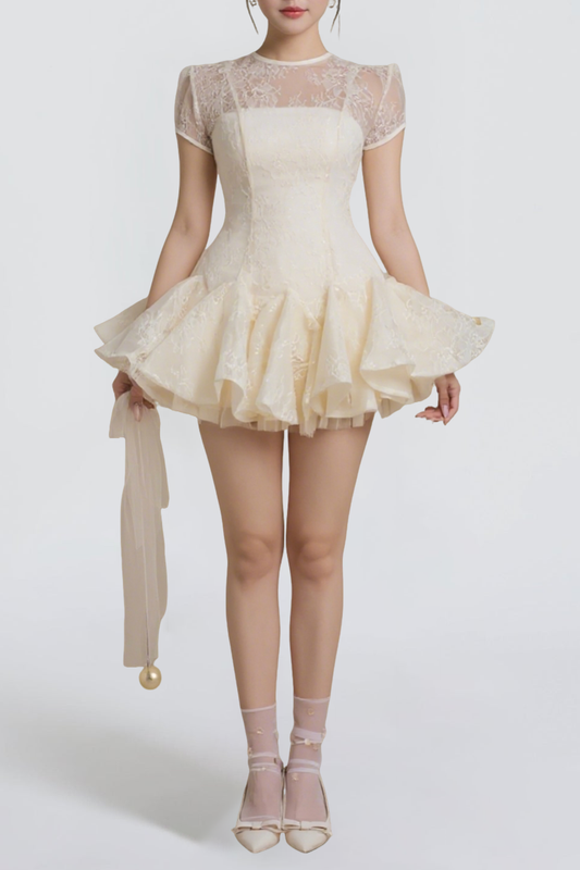 kelly sequin lace puffy mini dress in white