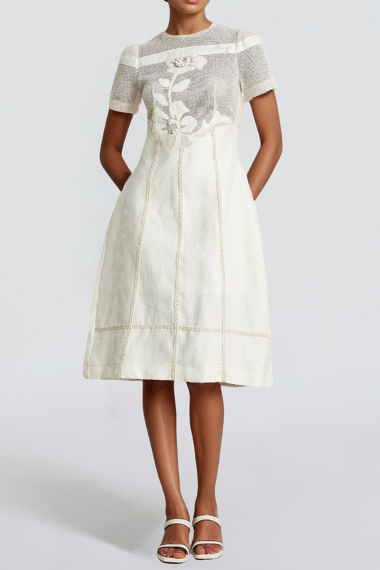 hermosa 3d floral embroidered hollow midi dress in apricot