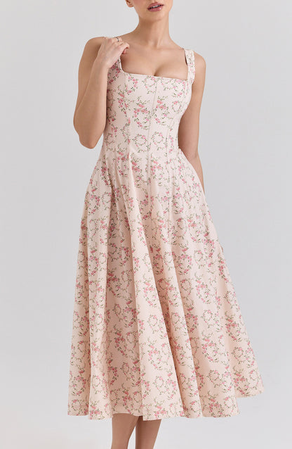 gemma Floral Cream Lace-Up Stretch Cotton Midi Dress