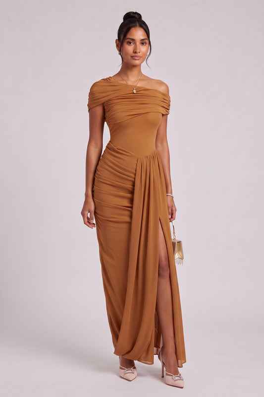 Ochre Stretch Jersey Sheath Dress with Draped Overlay ochre stretch jersey dress - product view 2