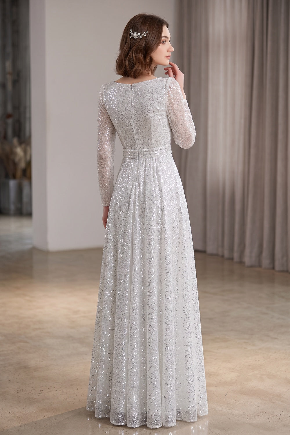 Silver Sequined Tulle Overlay A-Line Evening Gown silver, white sequined tulle overlay evening gown - product view 5