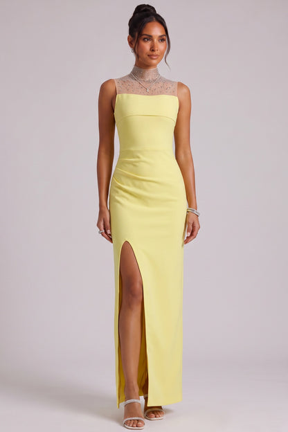 Yellow Beaded Neckline Maxi Dress Premium Fabric - product view 1