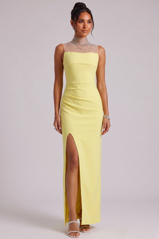 Yellow Beaded Neckline Maxi Dress Premium Fabric - product view 1