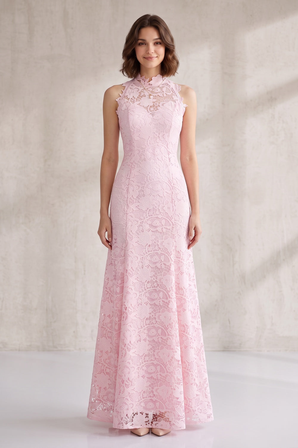 Blush Pink Floral Lace Floor-Length Dress Premium Fabric - product view 1