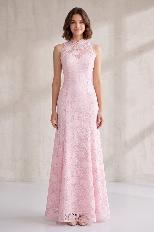 Blush Pink Floral Lace Floor-Length Dress Premium Fabric - product view 1