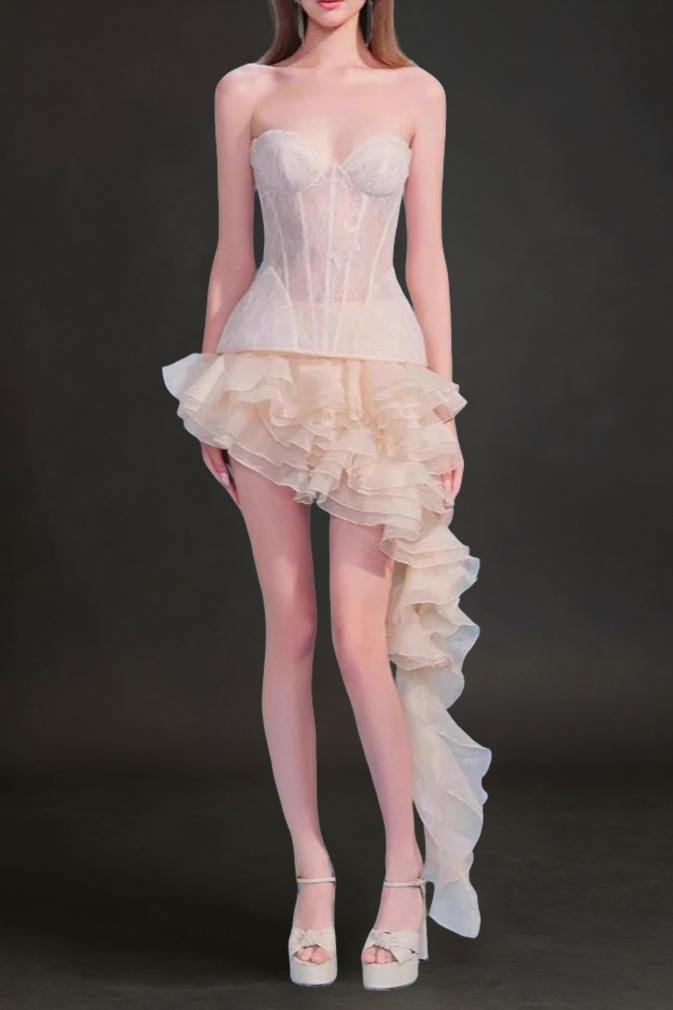Irregular Petal Lace Bodycon Mini Skirt Set In Beige