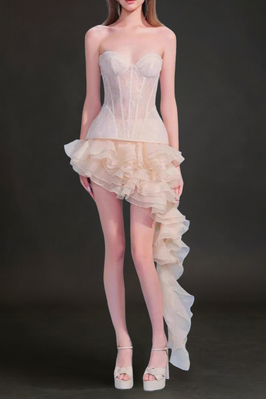 Irregular Petal Lace Bodycon Mini Skirt Set In Beige