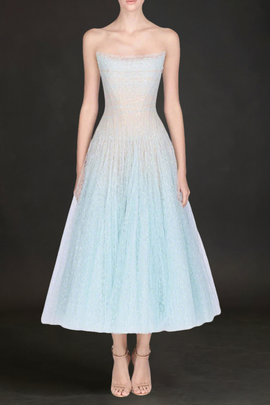 BLUE DRAPED LACE MIDI DRESS