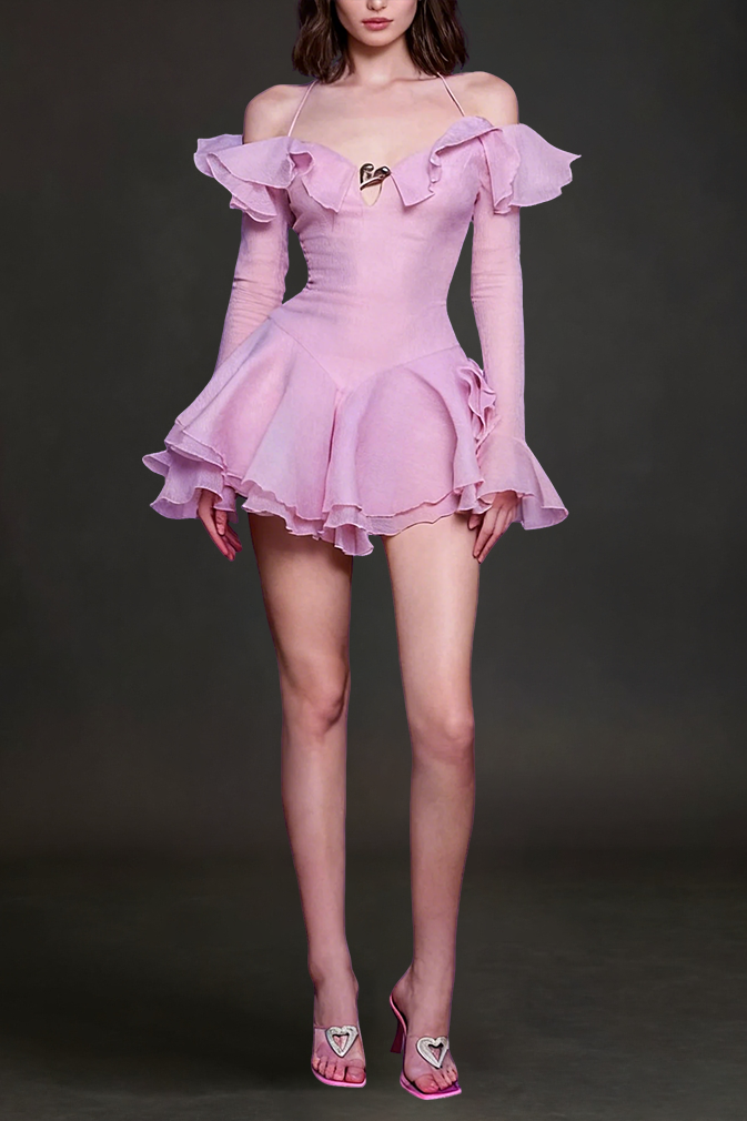 RUFFLED HALTER MINI DRESS IN PINK