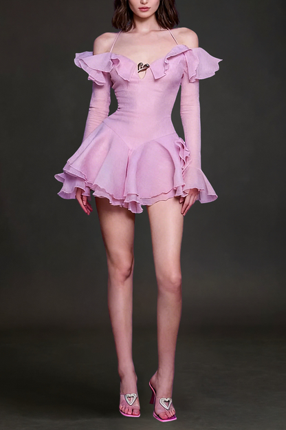 RUFFLED HALTER MINI DRESS IN PINK