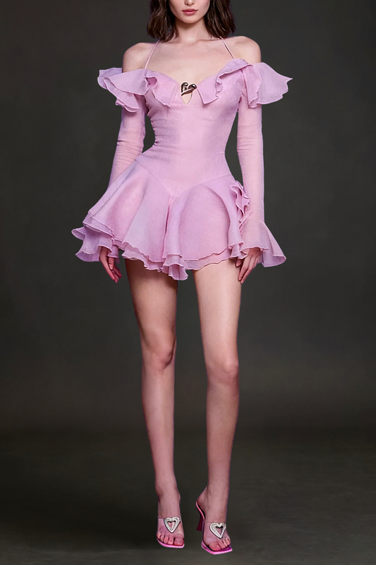 RUFFLED HALTER MINI DRESS IN PINK